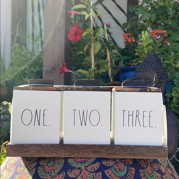 New Rae Dunn “ONE. TWO. THREE” Wooden Box Style Farmhouse Canister Set - Picture 15 of 16